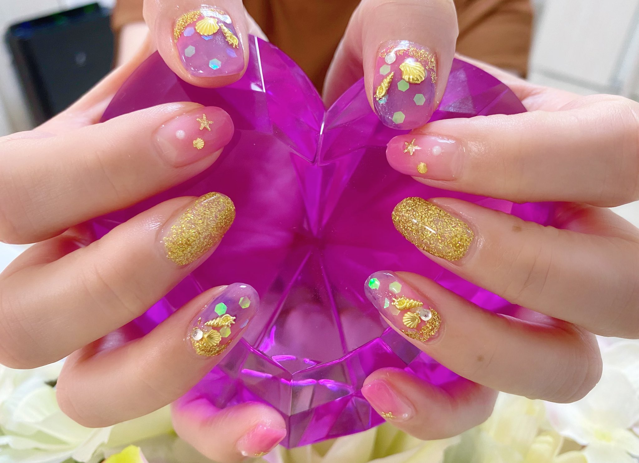 淑巳 スターフィッシュとシェルパーツをピンク Amp 紫で と言うオーダーでした Nail カルジェル専門 お客様ネイル 天満橋ネイルサロンエヌカラーズ ピンク スターフィッシュ シェルパーツ グラデーションネイル T Co Hnret4hirx Twitter