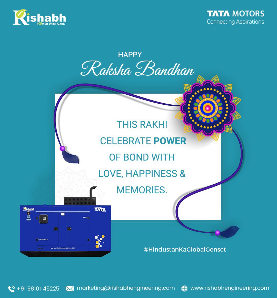 vinamra_jain79's tweet photo. Raksha / Defence of Businesses by giving Bond / Bandhan of Electricity is what we draw from ‘Raskha Bandan’ at ‘Rishabh’.
#PowerWithCare #DieselGenerators
#Gensets #Dgsets #TataGensets
#HindustanKaGlobalGenset
#PortableGenerator #Cummins #MadeInIndia4Globe #GSCaltex
#Vocal4Local https://t.co/qWbtFgzCuZ