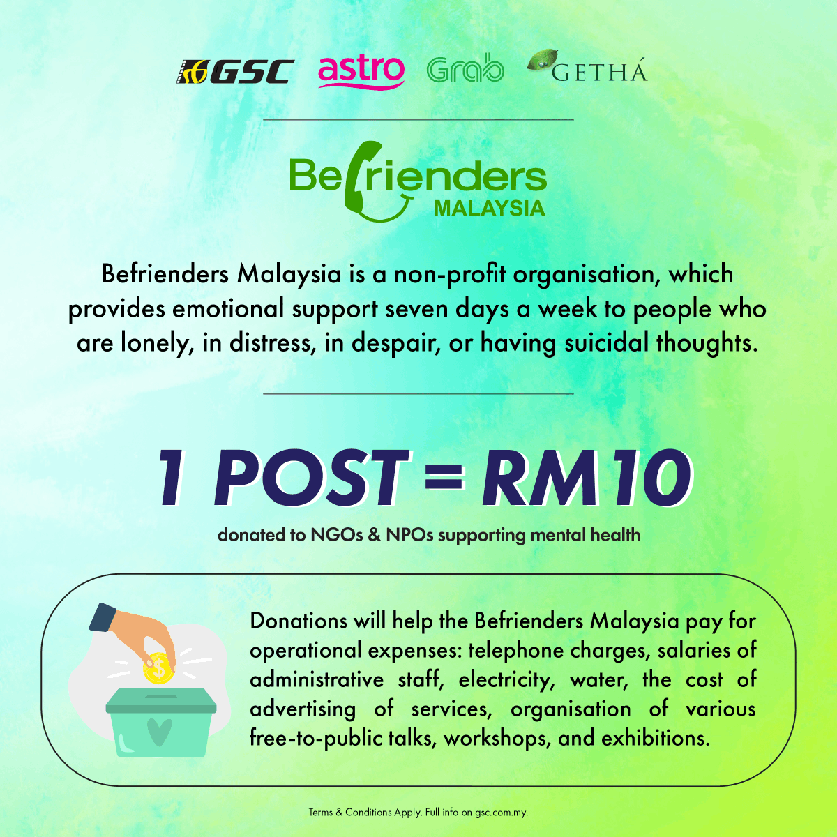 GSCinemas's tweet photo. For each post with hashtag #HelloWeCan, RM10 will be donated to mental health NGOs &amp; NPOs:

- @BefriendersKL &amp; M'sia
- @MIASAMalaysia 
- @womensaidorg 
- @myumcares 

They need your help so they could provide support to those in need. QT now with hashtag #HelloWeCan! https://t.co/HZUHFZCqfA