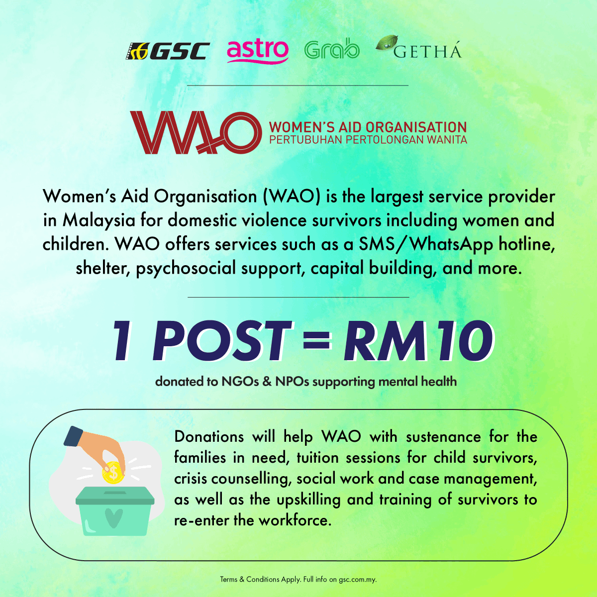 GSCinemas's tweet photo. For each post with hashtag #HelloWeCan, RM10 will be donated to mental health NGOs &amp; NPOs:

- @BefriendersKL &amp; M'sia
- @MIASAMalaysia 
- @womensaidorg 
- @myumcares 

They need your help so they could provide support to those in need. QT now with hashtag #HelloWeCan! https://t.co/HZUHFZCqfA