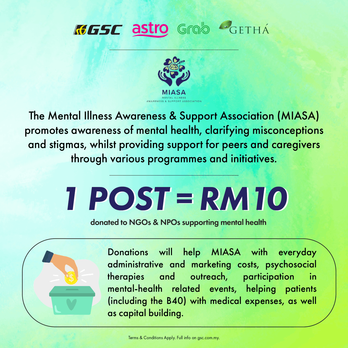 GSCinemas's tweet photo. For each post with hashtag #HelloWeCan, RM10 will be donated to mental health NGOs &amp; NPOs:

- @BefriendersKL &amp; M'sia
- @MIASAMalaysia 
- @womensaidorg 
- @myumcares 

They need your help so they could provide support to those in need. QT now with hashtag #HelloWeCan! https://t.co/HZUHFZCqfA