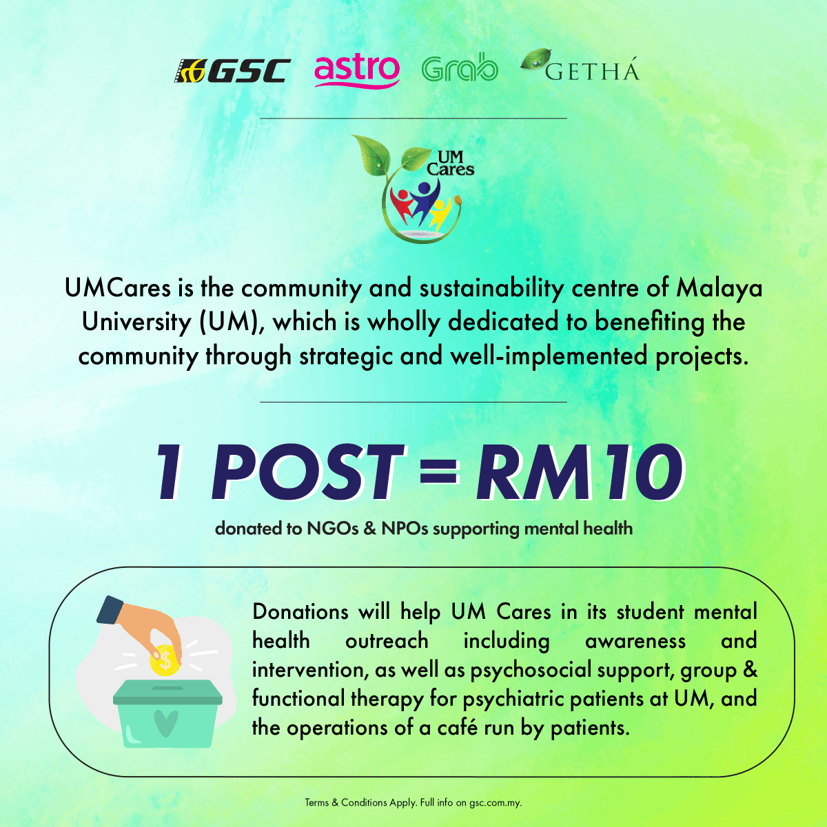 GSCinemas's tweet photo. For each post with hashtag #HelloWeCan, RM10 will be donated to mental health NGOs &amp; NPOs:

- @BefriendersKL &amp; M'sia
- @MIASAMalaysia 
- @womensaidorg 
- @myumcares 

They need your help so they could provide support to those in need. QT now with hashtag #HelloWeCan! https://t.co/HZUHFZCqfA