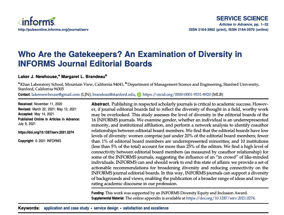 It is important to track the diversity and representation in journal editorial boards. I hope <a href="/AOMConnect/">Academy of Management</a> leads the way

msande.stanford.edu/news/informs-e…