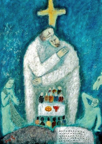 Blessed Sunday everyone. 

Whoever eats my flesh and drinks my blood remains in me, and I in them. Just as the living Father sent me and I live because of the Father, so the one who feeds on me will live because of me. John 6:56-57

Painting by Korean nun Sister Kim Ok Soon.