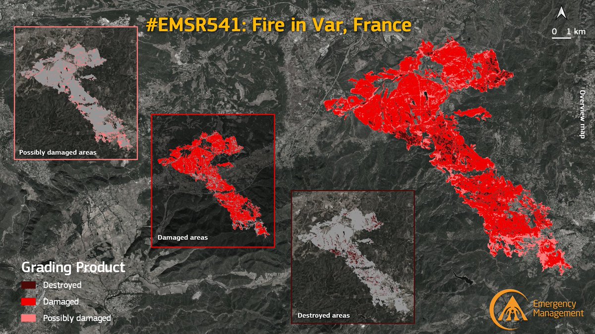 CopernicusEMS's tweet image. A 02:20 cette nuit, notre #RapidMappingTeam a livré la carte d&apos;estimation des dommages résultant du #FeuDeForêt de #Gonfaron #Var

Nos experts répertorient:
6.977,4 ha affectés dont 1,534 de forêt et 4,567 de garrigue
1,252 résidents affectés (sans compter les campeurs évacués)