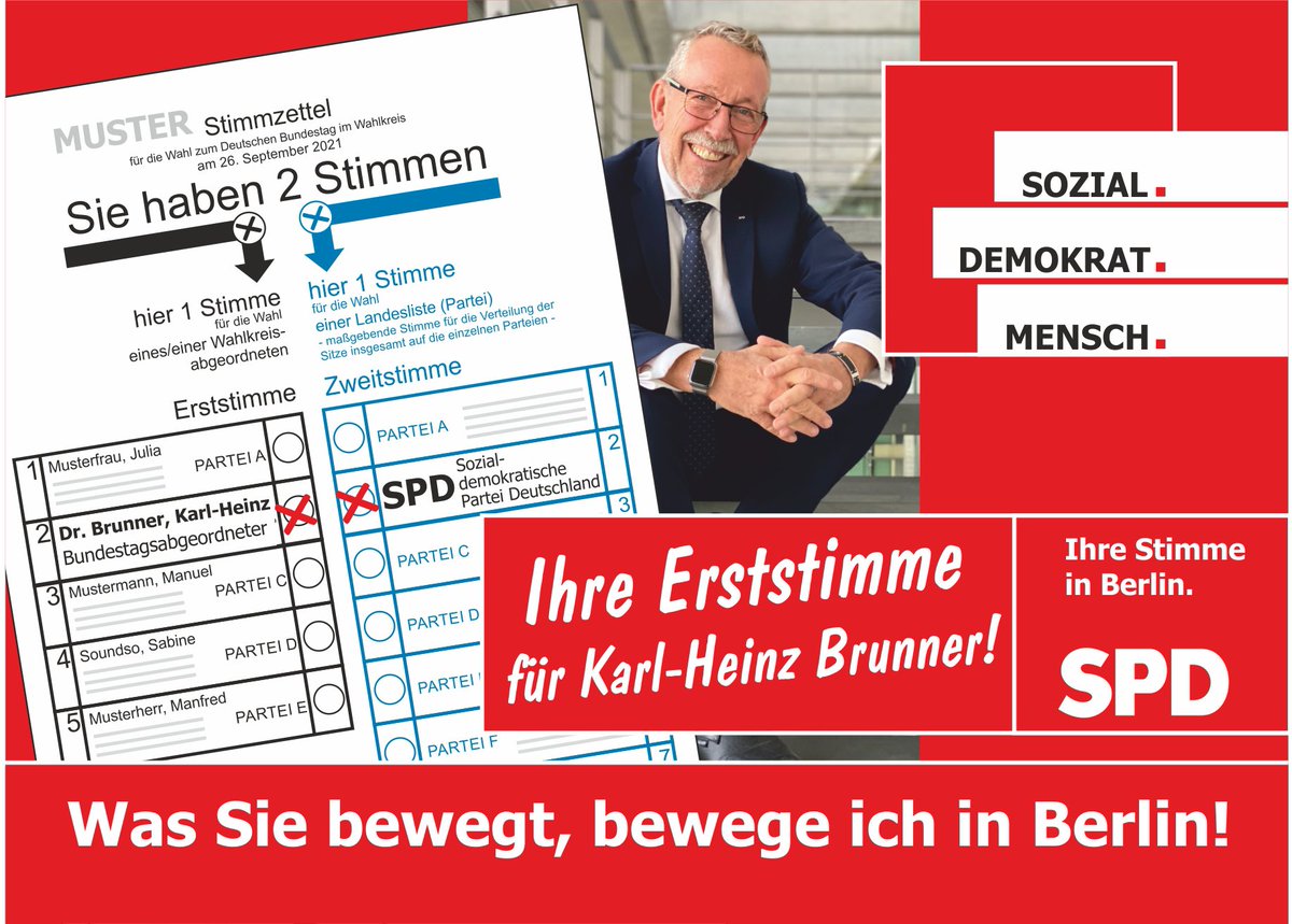 BrunnerGanzOhr's tweet photo. Wer @OlafScholz als Bundeskanzler will, gibt die #erststimme #karlheinzbrunner und die #zweitstimme der @spdde. Mehr #Respekt, sozialer #Klimaschutz, gute #Arbeit, 12€ #Mindestlohn, 400,000 #Wohnungen/Jahr, stabile #Renten. Dafür stehen wir. Darum geht‘s. 
#scholzpacktdasan https://t.co/ZKO7WzatNj