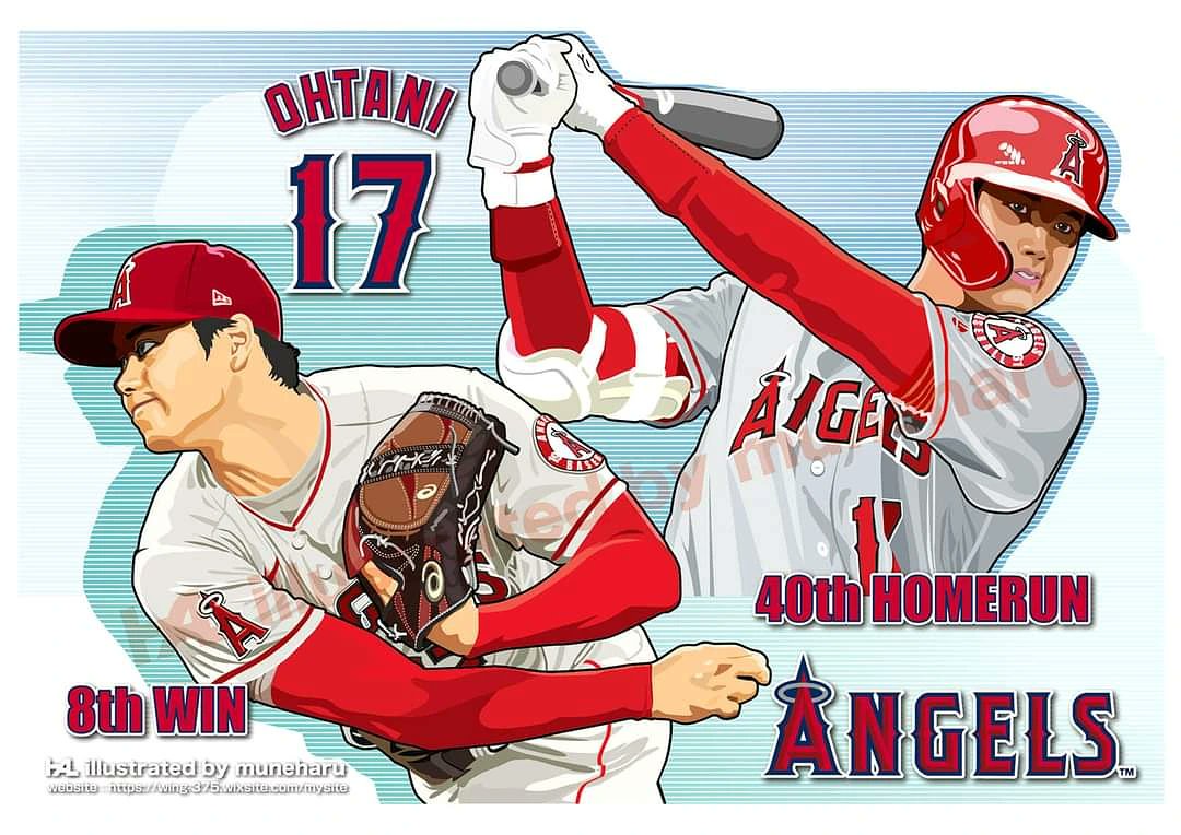 Mild_Mint777's tweet photo. 大谷翔平選手・8勝＆40号HR〜二刀流Vr（バージョン）のイラストです。バッティングとピッチングをひとつにまとめた構図にしました。
 #大谷翔平 選手 #shouheiohtani #syouhei #ohtani #angels #mlb #homerun #illustration #イラストレーター池岡 #ikeoka #muneharu #オリジナル #非営利 #リスペクト https://t.co/uoE1HZEmmn