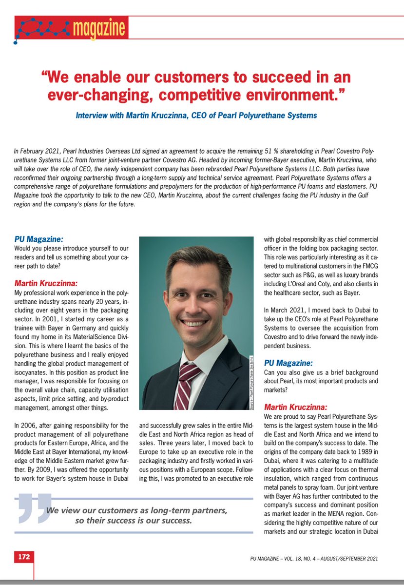 PearlSystems's tweet photo. #ICYMI: Check out the full interview with our CEO Martin Kruczinna on our growth plan #PearlX2 published in #PUMagazine & @GuptaVerlag
See: https://t.co/3R9kOnznez…
#ProudlyPearl
#guptaverlag #pu #polyurethanes #uae #gcc #pearlpolyurethane #insulation #uaeconstruction https://t.co/cxItzTOVo0