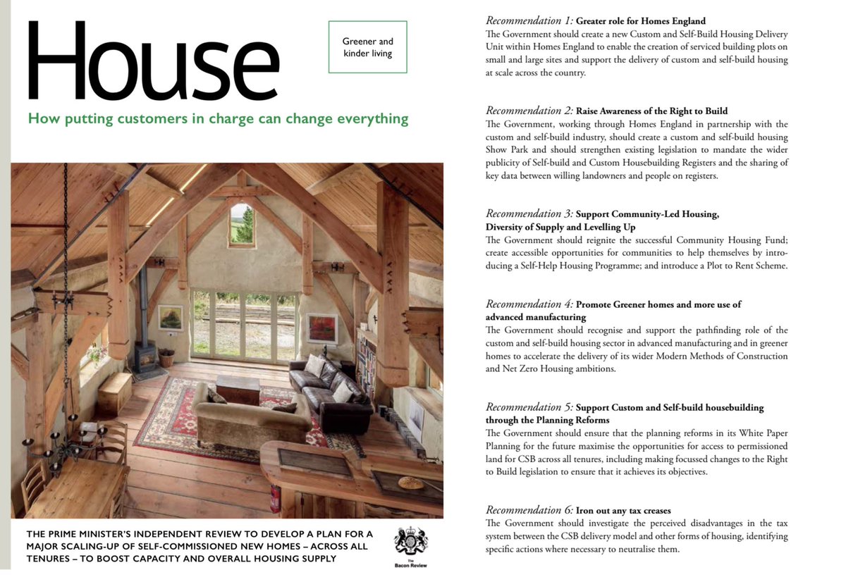 agile_homes's tweet image. The #BaconReview is out &amp;amp; has 6 recommendations:

Greater role for @HomesEngland
Raise Awareness of the #RightToBuild
Support #CommunityLedHousing
Promote Greener homes &amp;amp; #MMC
Support Custom &amp;amp; Self-build through Planning Reform
Improve Tax system

👉assets.publishing.service.gov.uk/government/upl…