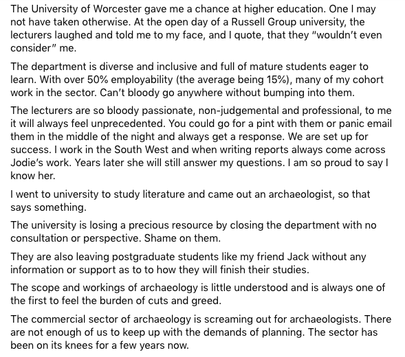 saveworcsarch's tweet photo. "I went to university to study literature and came out an archaeologist, so that says something."

Next up, the fabulous @slboughton (2014) with her submission to our #AlumniTestimonials!

#SaveArchaeologyAtWorcester https://t.co/3FSQMgUBOP