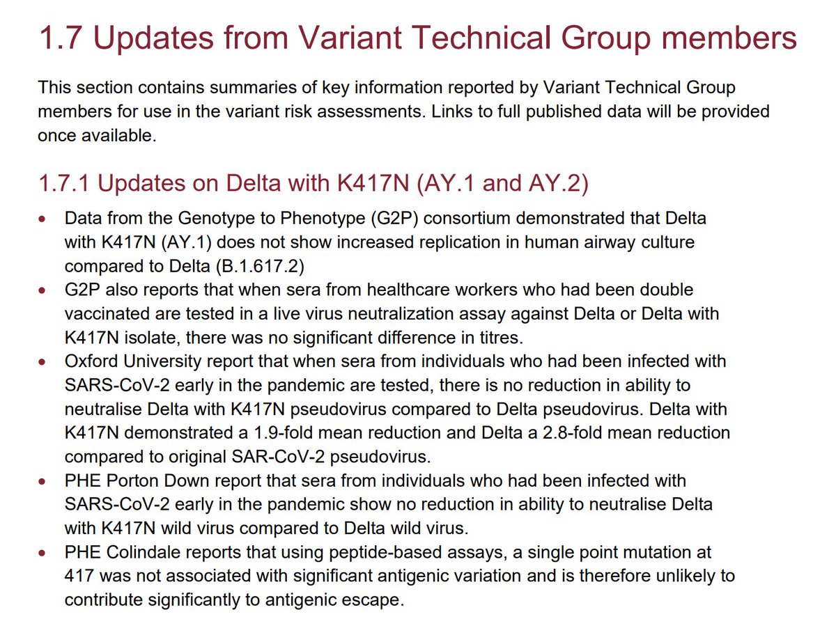 Some good news from PHE's Friday Delta tech briefing update: two sublineages of Delta called AY.1 and AY.2 do not seem to be any more worrying that Delta in terms of transmissibility or vax resistance. 

assets.publishing.service.gov.uk/government/upl…
