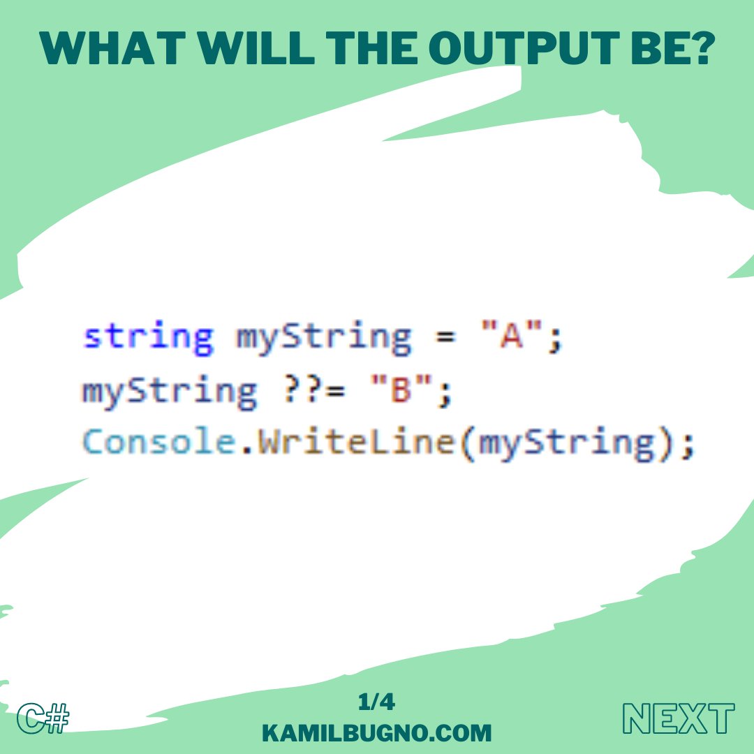 What will the output be?

Answer: instagram.com/p/CS30_CYtfrC/

#whatWillTheOutputBe 
#csharp #programming #dotnet #learning #csharp #csharpprogramming #csharpdotnet #csharpdeveloper #dotnet #programming #computerscience