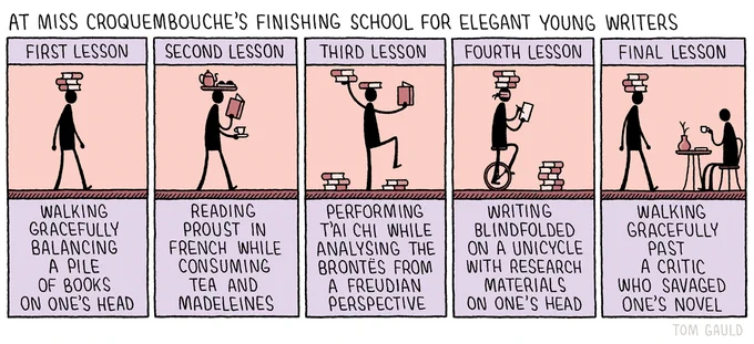 Miss Croquembouche's Finishing School for Elegant Young Writers (my cartoon for yesterday's @guardianreview).  #elegance #writing
p.s. my new book is out very soon indeed: https://t.co/MnvNrWVRAw 