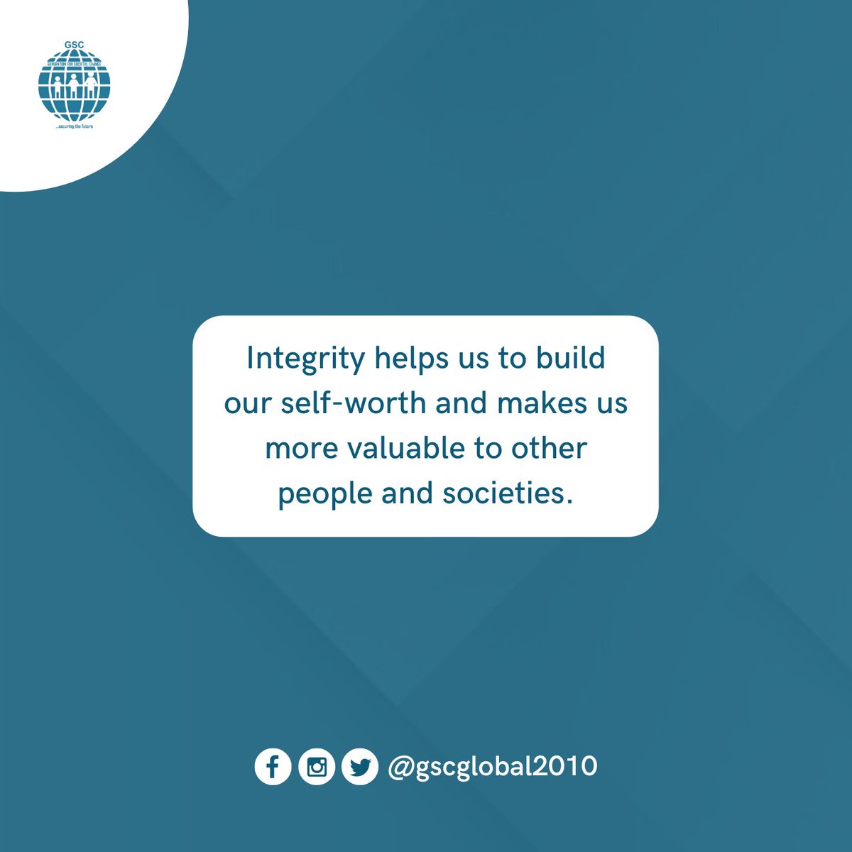 GSCglobal2010's tweet photo. Integrity increases our worth to other people and communities.

#integrity #values #corevalues #nationbuilding #nationalvalues #youthsofnigeria #youths #youthsofafrica #leadership #nationaldevelopment #nationaltransformation #nigerianyouths #africanyouths #nigerianstudents https://t.co/OgtqarHlUN