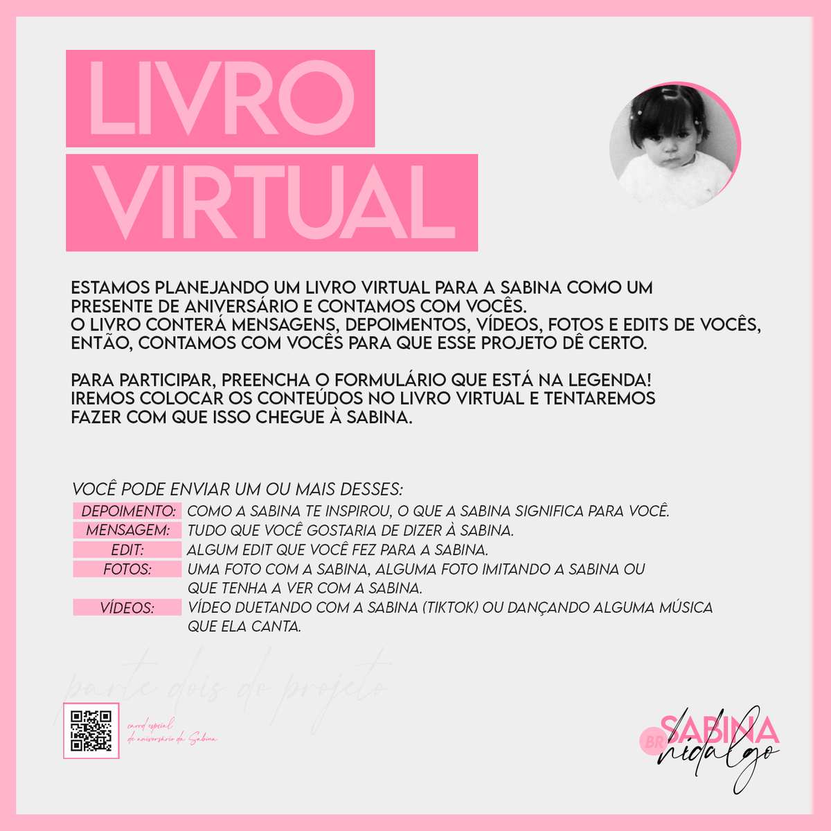 SHidalgoPBR's tweet photo. SABINERS EBOOK VEIO AÍ!! 

A segunda parte do nosso projeto de aniversário é um livro virtual muito especial de vocês para a Sabina. Leiam o banner com atenção para saber todas as informações de como vocês podem participar.

🔗: https://t.co/5B40YDVQm7 https://t.co/zVXCTtQLIo