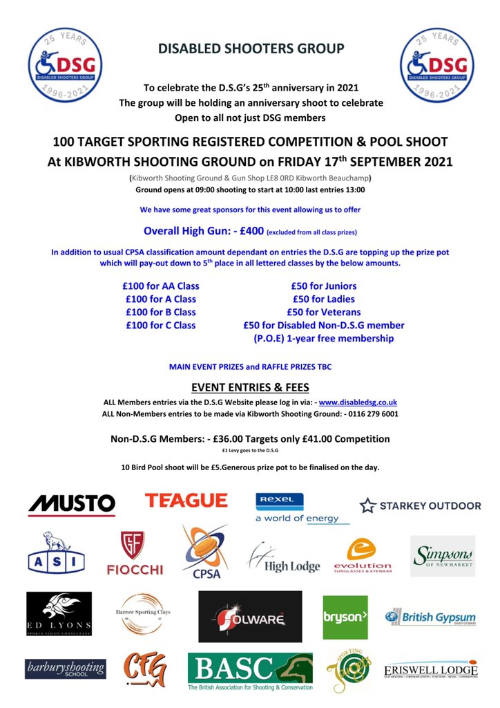 Updated poster now £400 for he overall high gun and DSG members prizes updated too will email all members shortly <a href="/mustoclothing/">Musto Clothing</a> <a href="/teaguechokes/">Teague Chokes</a> <a href="/RexelUK/">RES UK</a> <a href="/StarkeyHeadsets/">Starkey Headsets</a> <a href="/ASI_Guns/">A.S.I Guns</a> <a href="/Fiocchiuk/">FIOCCHI TEAM</a> <a href="/CPSAuk/">CPSA</a> <a href="/HighLodgeSS/">High Lodge Leisure</a> <a href="/solwareltd/">Solware Ltd</a> <a href="/Brysonproducts/">Bryson</a> <a href="/britishgypsum/">British Gypsum</a> <a href="/CustomFitGuards/">Custom Fit Guards</a>