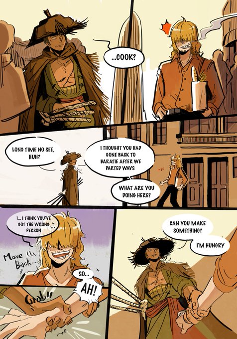I draw an extra story from @tatami15_ 's awesome idea!There is a link to the author's post attached below

StrawHats each had completed their dreams, but after Sanji went back to Baratie, he found out that Zeff had died, so he left Baratie alone. However, he accidentally met Zoro 