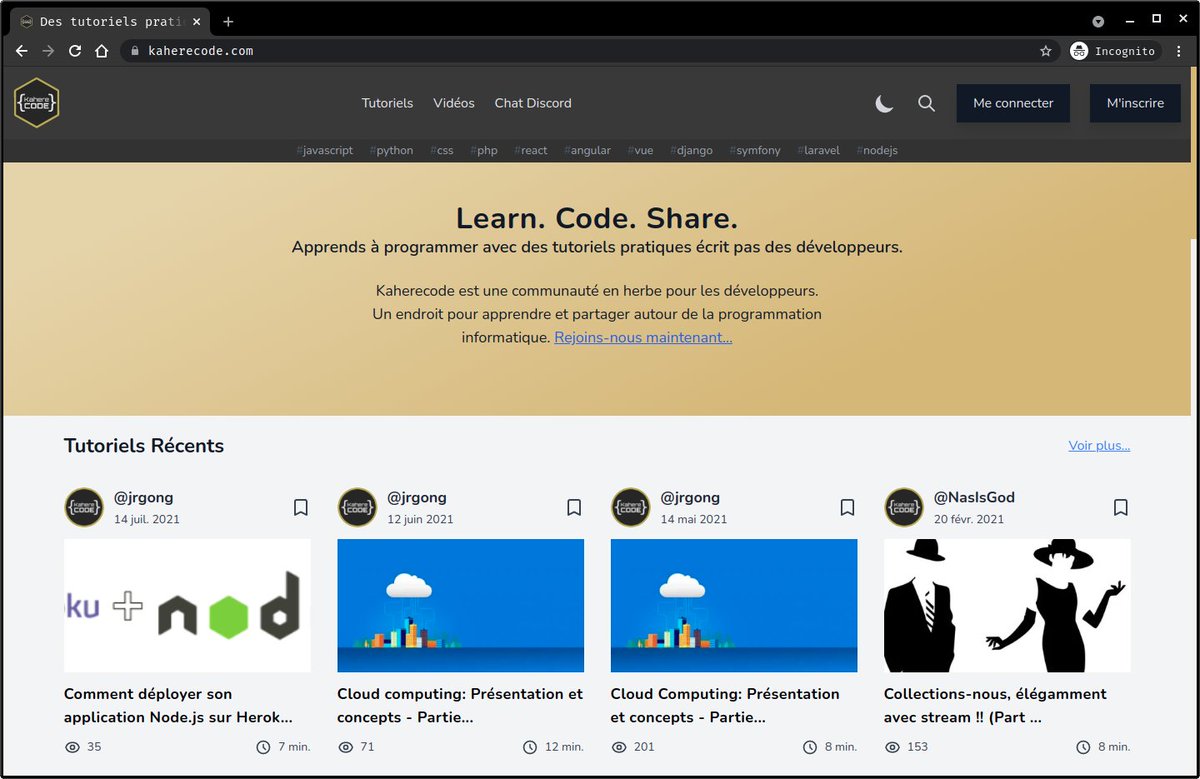 kaherecode's tweet image. Nouvelle version de Kaherecode quelques pts:
- contenu markdown pour les tutoriels
- formulaire d'édition sur la même page
- recherche des tutoriels par titre, tags et auteur
- bookmark des tutoriels
- dark mode
- commentaires
découvre plus sur kaherecode.com #kaherecode