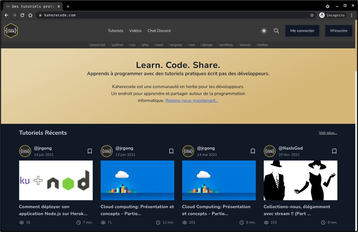 kaherecode's tweet image. Nouvelle version de Kaherecode quelques pts:
- contenu markdown pour les tutoriels
- formulaire d'édition sur la même page
- recherche des tutoriels par titre, tags et auteur
- bookmark des tutoriels
- dark mode
- commentaires
découvre plus sur kaherecode.com #kaherecode