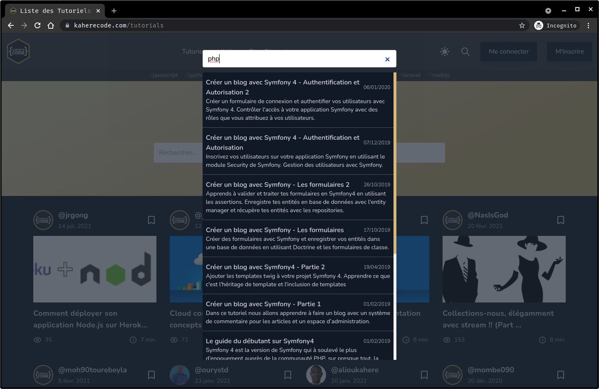 kaherecode's tweet image. Nouvelle version de Kaherecode quelques pts:
- contenu markdown pour les tutoriels
- formulaire d'édition sur la même page
- recherche des tutoriels par titre, tags et auteur
- bookmark des tutoriels
- dark mode
- commentaires
découvre plus sur kaherecode.com #kaherecode