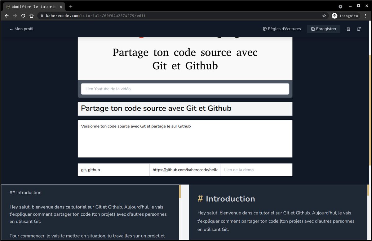 kaherecode's tweet image. Nouvelle version de Kaherecode quelques pts:
- contenu markdown pour les tutoriels
- formulaire d'édition sur la même page
- recherche des tutoriels par titre, tags et auteur
- bookmark des tutoriels
- dark mode
- commentaires
découvre plus sur kaherecode.com #kaherecode