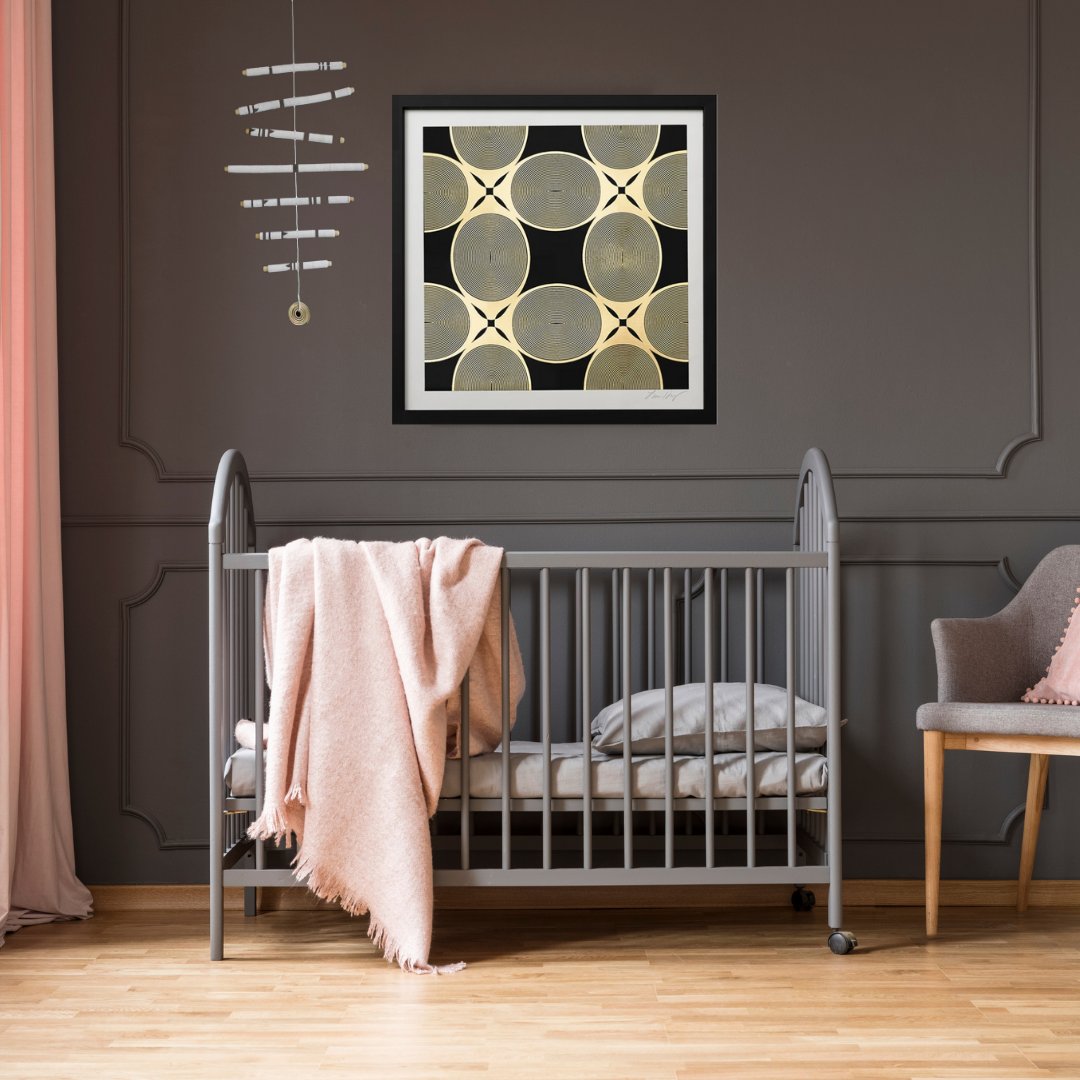 Truly versatile nursery wall art that will remain luxurious and stylish for years to come. ➡️l8r.it/210m #blackownedbusinesses #texasinteriordesign #pdxinteriordesign #54kiboinspo #nurserydesign #goldwallart #nurserymobile #africaninspired