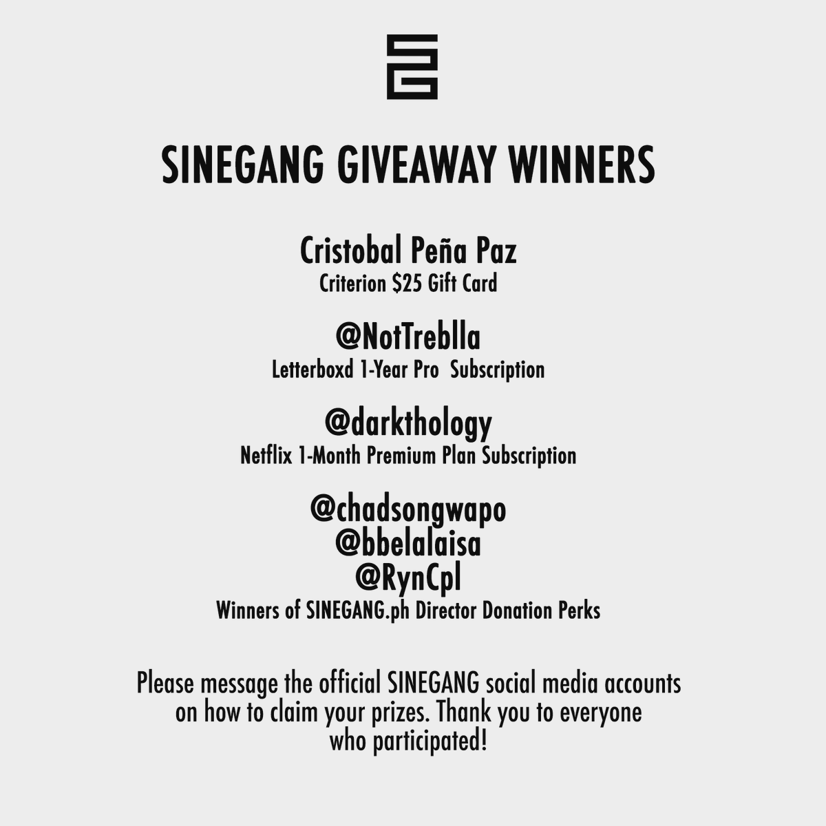 sinegangdotph's tweet photo. The results are in! Congratulations to all the winners of our 1st anniversary giveaway and thank you to everyone who participated. To the winners, please message our page to know how to claim your prizes. #S1NEGANG #The_First_Anniversary https://t.co/PYhN6GoZOa