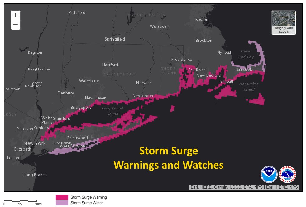 8 am Sunday..Hurricane Warnings have been replaced with Tropical Storm Warnings. Storm Surge and Flood Warnings/Watches remain in effect. Tropical Storm Henri is located 40 mi SSE of Montauk Point NY or 75 mi S of Providence RI moving to the NNW at 16 mph with max winds of 70 mph