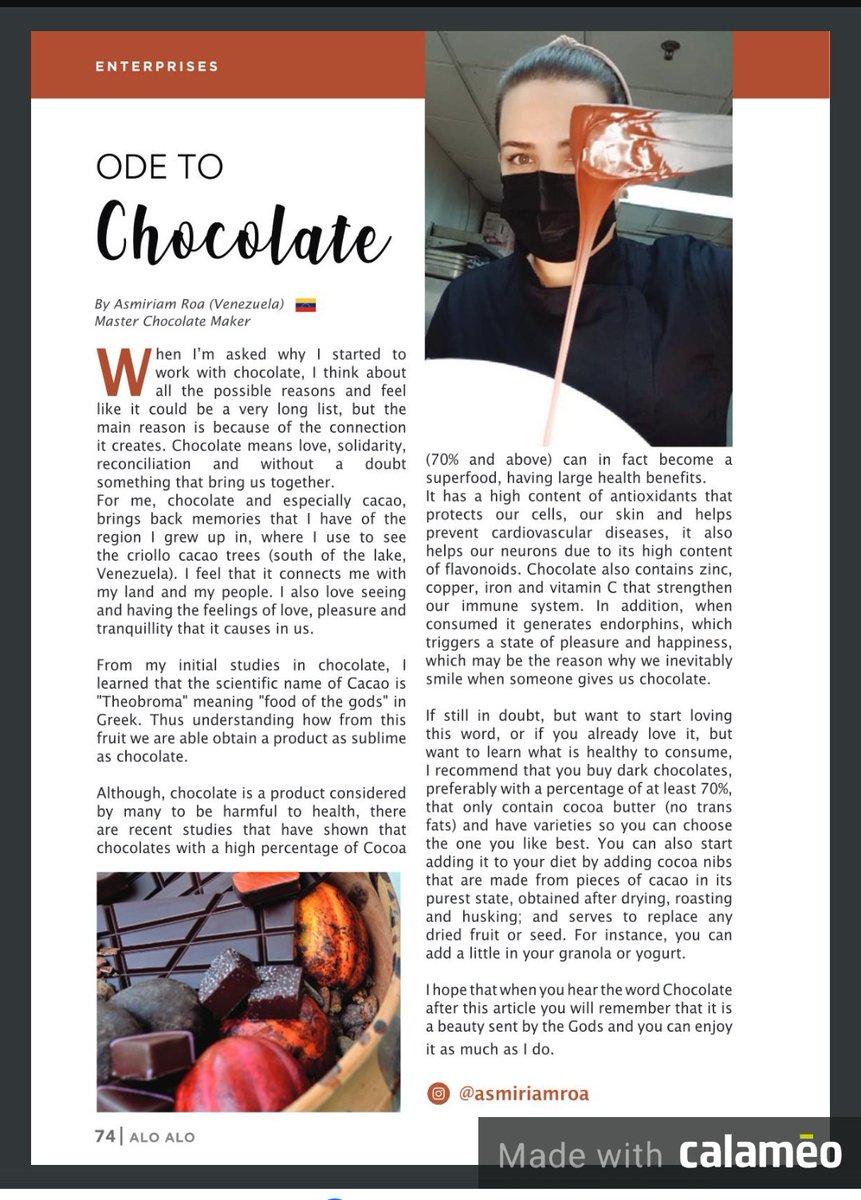 asmiriamroa's tweet photo. No se trata de encontrar un camino, se trata de hacerlo. Seguiremos trabajando para promover las buenas prácticas del cacao y el chocolate en Malasia

So honored! Thank you Alo Alo Magazine for making me part of the lates edition https://t.co/GCrac5pIM4