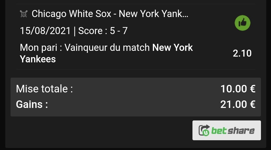 nobetnogame8's tweet image. #MontanteDuWeekend

Récapitulatif : 

E1 : Yankees OT (2,10)
E2 : Padres OT x Blue Jays OT (2,86)
E3 : Giants OT x Braves OT (2,60)

10€ ↗ 156,31€ ✅! 

Je m'arrête la pour celle-ci, il faut savoir ne pas être trop gourmand 🙏!

45 RT &amp;amp; 100❤ pour une nouvelle! #TeamParieur