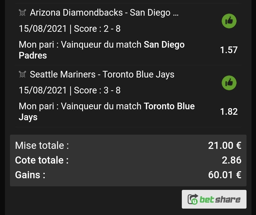 nobetnogame8's tweet image. #MontanteDuWeekend

Récapitulatif : 

E1 : Yankees OT (2,10)
E2 : Padres OT x Blue Jays OT (2,86)
E3 : Giants OT x Braves OT (2,60)

10€ ↗ 156,31€ ✅! 

Je m'arrête la pour celle-ci, il faut savoir ne pas être trop gourmand 🙏!

45 RT &amp;amp; 100❤ pour une nouvelle! #TeamParieur