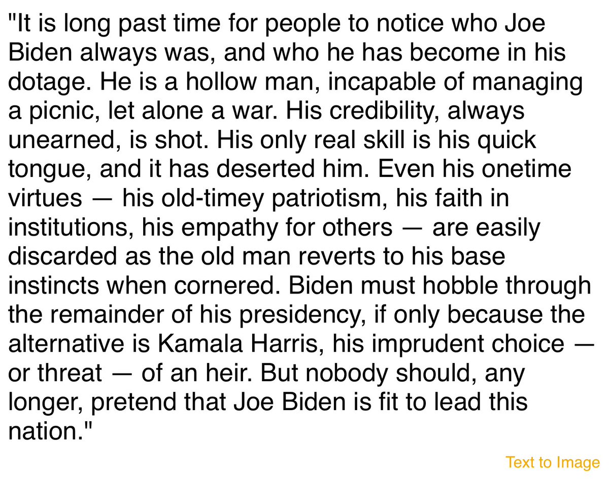 brithume's tweet image. It is not enough to say Biden is better than Trump. Trump is no longer president. Biden is:  nationalreview.com/2021/08/joe-bi…