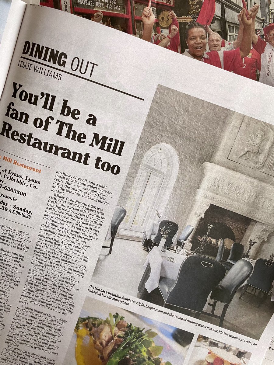 ICYMI <a href="/LesliesWineFood/">leslie williams</a> visited The new Mill Restaurant <a href="/CliffatLyons/">Cliff at Lyons</a> and “loved the respect the kitchen gave to the ingredients at its disposal”. Super review for super chef <a href="/seansmithchef/">seansmith</a> and his team in <a href="/irishexaminer/">Irish Examiner</a> yesterday 💪🏼🙌🏽