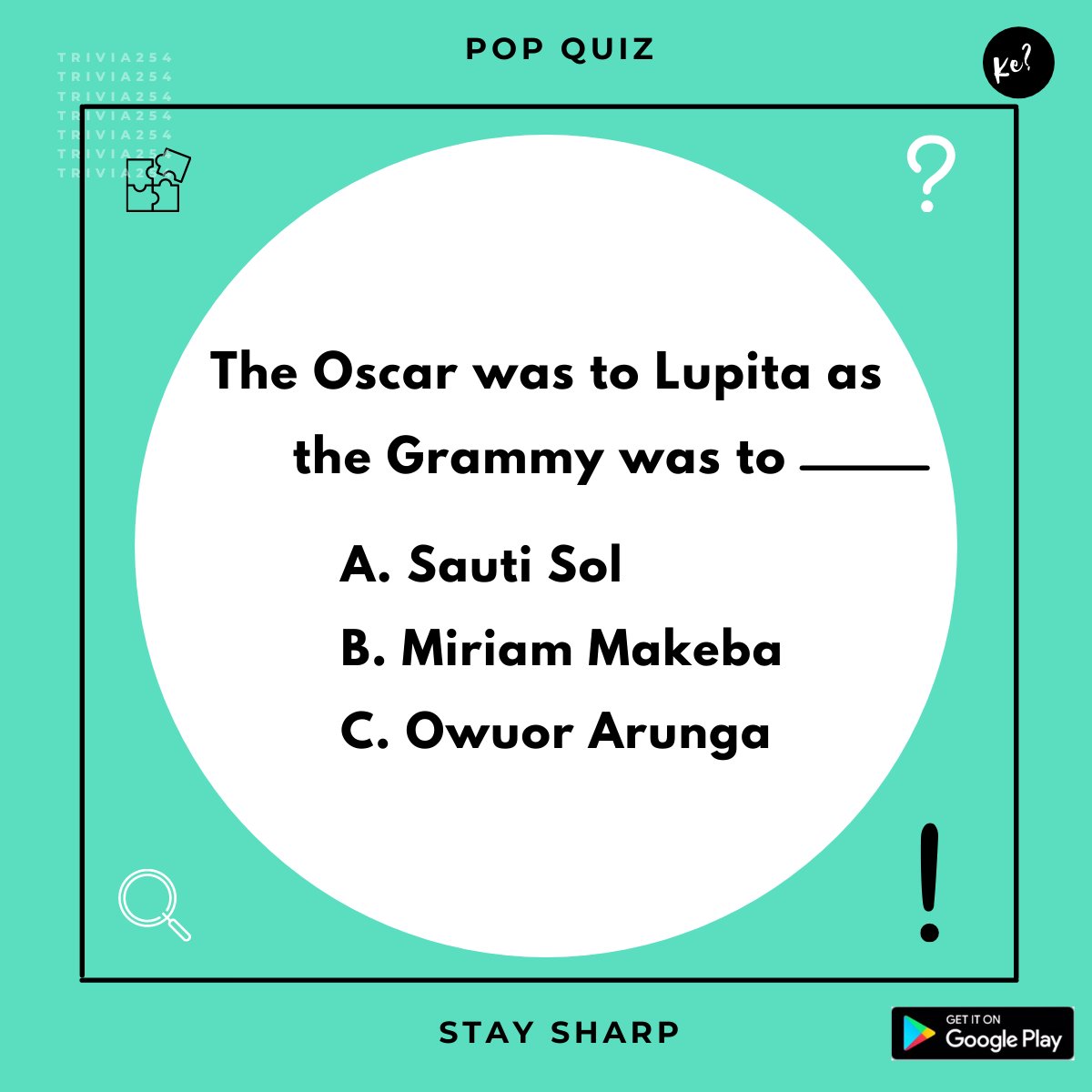 trivia254's tweet photo. Pop quiz:  Who was the first Kenyan to win a Grammy? #Trivia254 https://t.co/jFFMt7jYP2