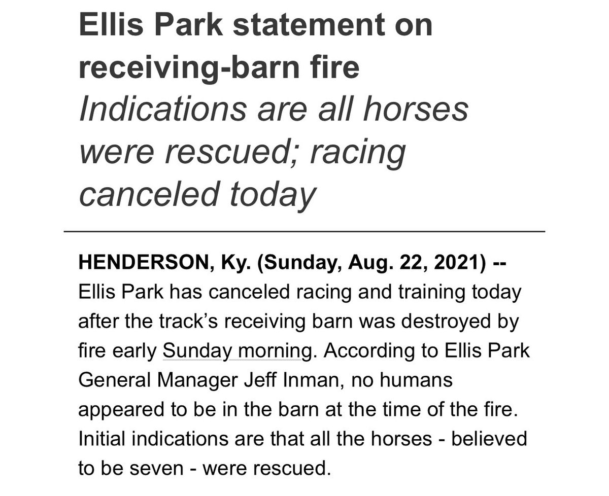 raypaulick's tweet photo. Statement from Ellis Park on barn fire https://t.co/8FPRx6GTw0