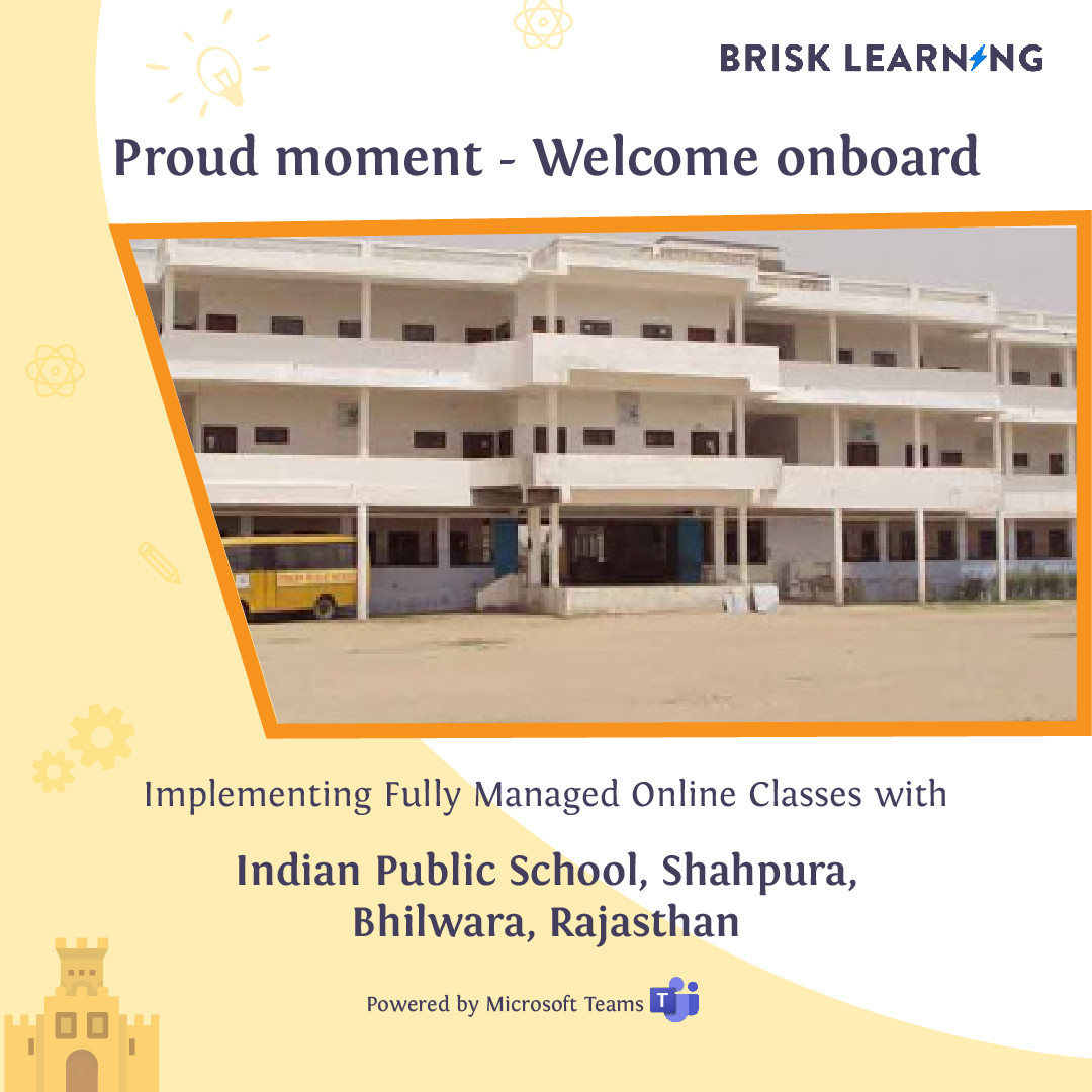 brisklearning_'s tweet photo. "We are excited to announce our new client INDIAN PUBLIC SCHOOL, SHAHPURA, BHILWARA. We look forward to building our online presence together.
#brisklearning #onlineeducation #distancelearning #microsoftteams #newclient #achievement #covid" https://t.co/NQPeoJAXv3