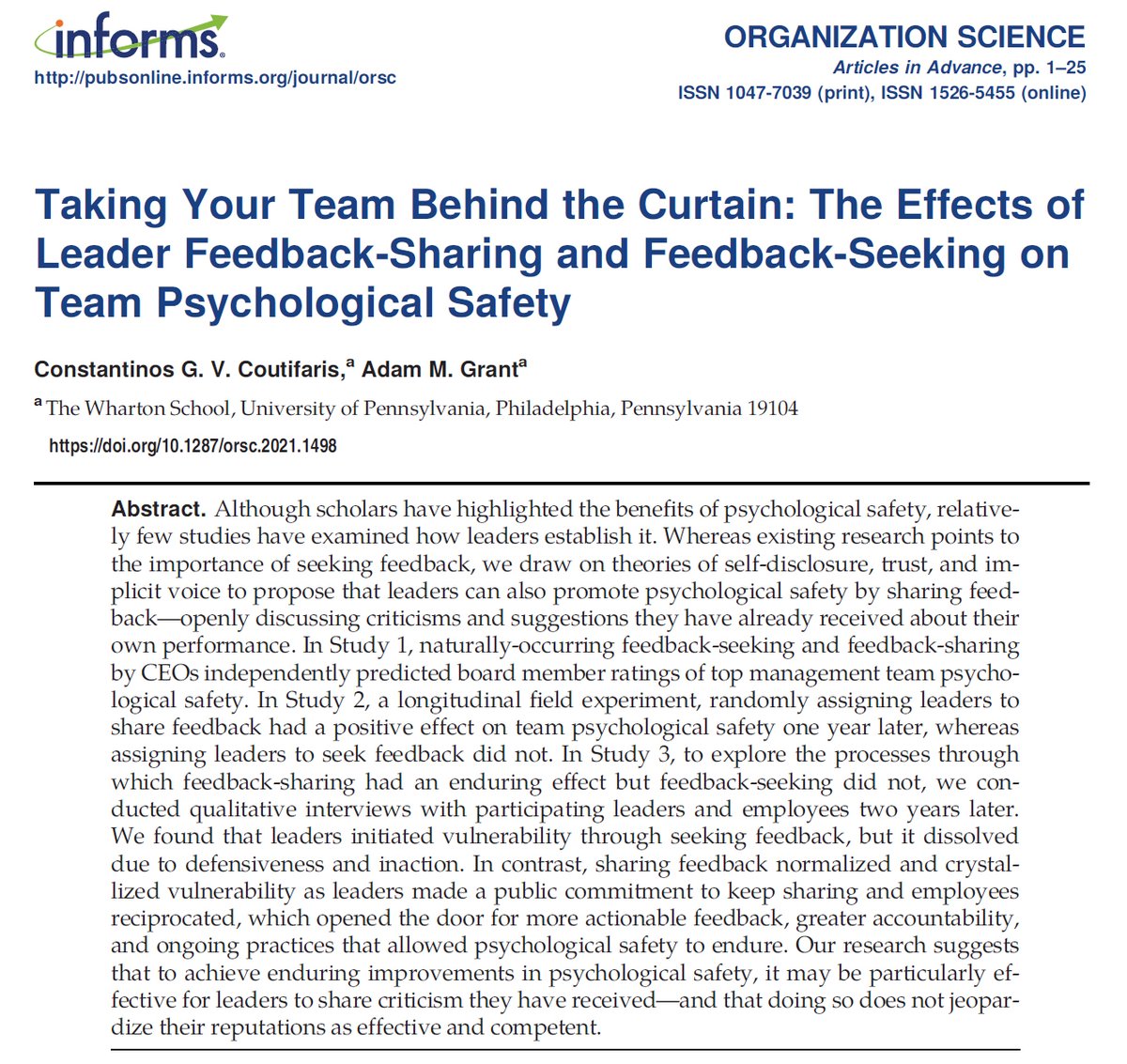 People often hesitate to give honest feedback out of fear of damaging the relationship.

If you tell them how you're working to improve, they feel safe to speak up.

Being forthcoming about your shortcomings makes it clear that you can handle the truth.

pubsonline.informs.org/doi/abs/10.128…