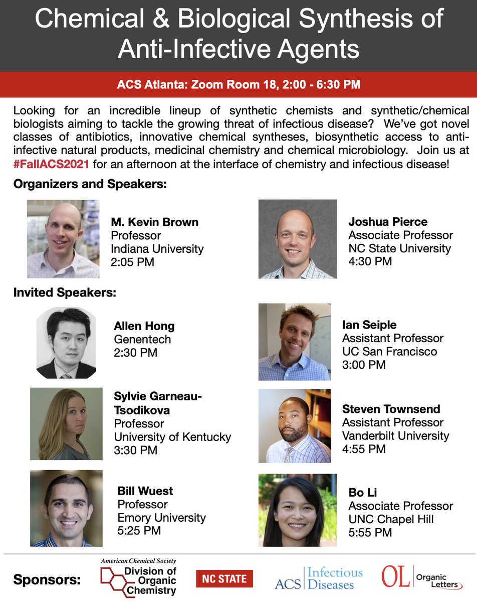 Joshua Pierce (@piercelab) on Twitter photo Attending #ACSFall2021? Come check out the symposium that <a href="/KBrownLab/">Brown Lab</a> and I are organizing from 2-6:30 today. Zoom Room 18. Featuring: <a href="/GTsodikova/">Dr. Sylvie Garneau-Tsodikova</a> <a href="/wmwuest/">Bill Wuest</a> <a href="/IanSeiple/">Ian Seiple</a> <a href="/LiLabUNC/">Bo Li Lab @ UNC</a> <a href="/Townsend_Lab/">Townsend Lab</a> (Kevin and I too!). Thanks <a href="/ACSorganic/">ACS Organic Division</a> <a href="/JOC_OL/">J Org Chem/Org Lett</a> <a href="/ACS_Infectious/">Infectious Diseases</a> <a href="/NCStateChem/">NC State Chemistry</a> for support! Attending #ACSFall2021? Come check out the symposium that <a href="/KBrownLab/">Brown Lab</a> and I are organizing from 2-6:30 today. Zoom Room 18. Featuring: <a href="/GTsodikova/">Dr. Sylvie Garneau-Tsodikova</a> <a href="/wmwuest/">Bill Wuest</a> <a href="/IanSeiple/">Ian Seiple</a> <a href="/LiLabUNC/">Bo Li Lab @ UNC</a> <a href="/Townsend_Lab/">Townsend Lab</a> (Kevin and I too!). Thanks <a href="/ACSorganic/">ACS Organic Division</a> <a href="/JOC_OL/">J Org Chem/Org Lett</a> <a href="/ACS_Infectious/">Infectious Diseases</a> <a href="/NCStateChem/">NC State Chemistry</a> for support!