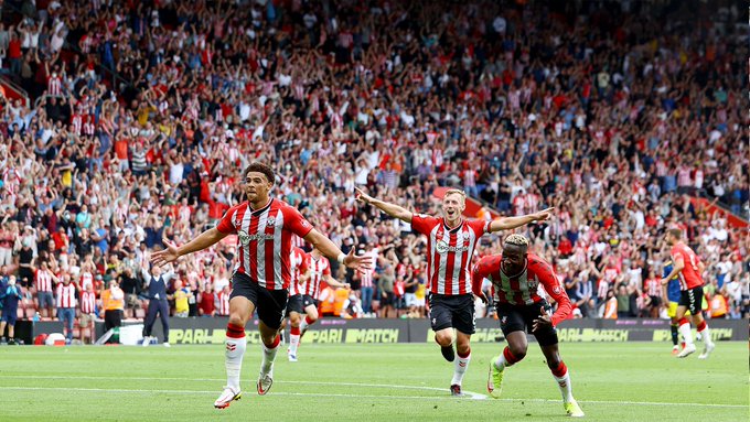 Ché Adams runs off with his arms out in celebration, with James Ward-Prowse and Moussa Djenepo alongside him and fans on their feet in the background.