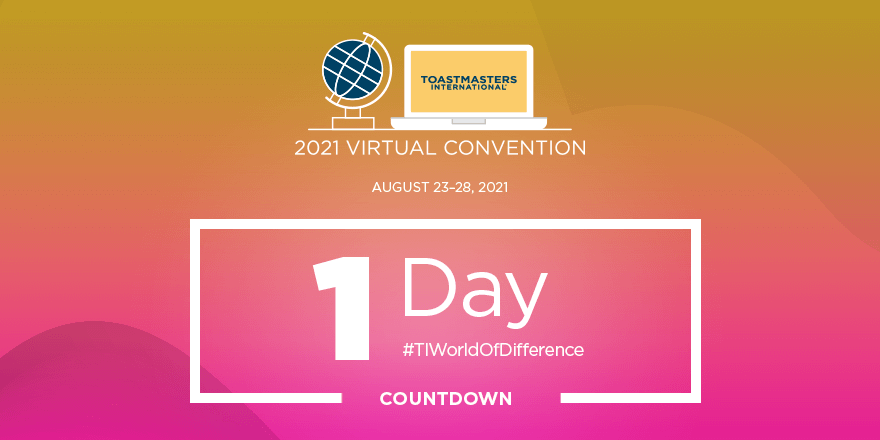 Toastmasters (@toastmasters) on Twitter photo It’s the final countdown! One day until the 2021 Virtual Convention. 
#TIWorldOfDifference It’s the final countdown! One day until the 2021 Virtual Convention. 
#TIWorldOfDifference