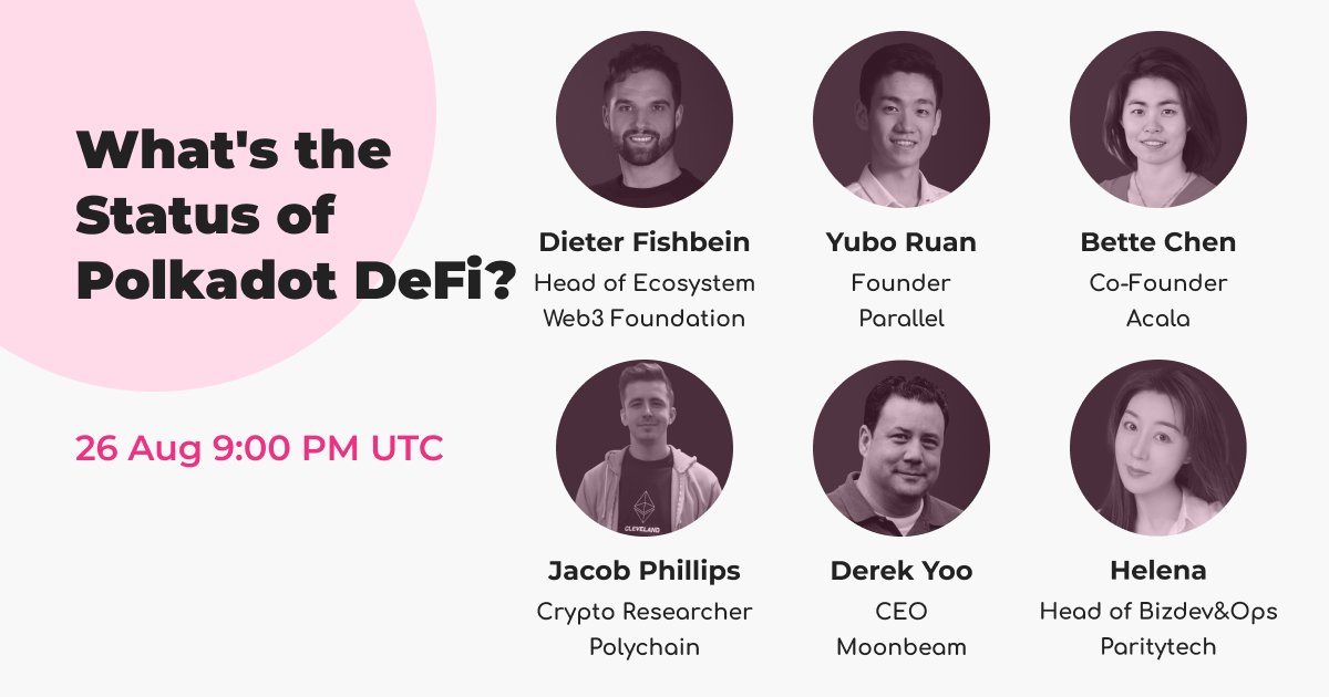 Parallel Labs (@parallellabs_) on Twitter photo #PolkadotDeFi <a href="/ParallelFi/">Alex T. Plumley</a> is hosting the Polkadot's First Ever DeFi Panel Series.
📢 The opening talk have invited speakers from @web3foundation <a href="/polychaincap/">Polychain Capital</a> @ParityTech <a href="/ParallelFi/">Alex T. Plumley</a> <a href="/AcalaNetwork/">Acala</a> <a href="/MoonbeamNetwork/">Moonbeam Network</a>
🧲 Register here:crowdcast.io/e/polkadotdefi1 #PolkadotDeFi <a href="/ParallelFi/">Alex T. Plumley</a> is hosting the Polkadot's First Ever DeFi Panel Series.
📢 The opening talk have invited speakers from @web3foundation <a href="/polychaincap/">Polychain Capital</a> @ParityTech <a href="/ParallelFi/">Alex T. Plumley</a> <a href="/AcalaNetwork/">Acala</a> <a href="/MoonbeamNetwork/">Moonbeam Network</a>
🧲 Register here:crowdcast.io/e/polkadotdefi1