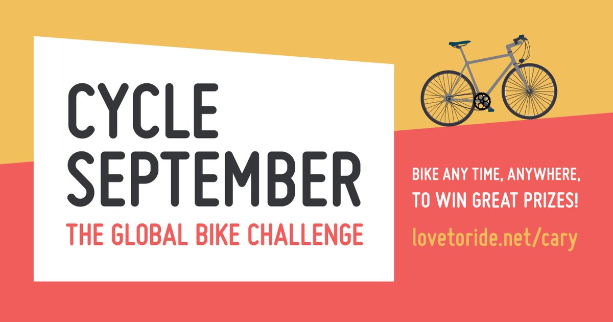 caryncgov's tweet photo. Are you geared up to #CycleSeptember, Cary? Head on over to https://t.co/sXxppYpojz and register yourself or workplace. Then, record your rides (any ride, anywhere!) in September for a chance to win great prizes! https://t.co/dZaS6BX0Jy