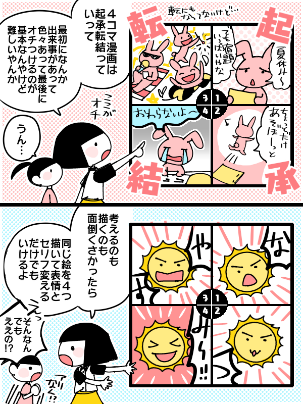 夏休みの宿題漫画(2/3)
娘が絵日記と4コマ漫画の宿題でつまづいていたので手助けしながら頑張った話です。

途中4コマの解説をしていますが、これは普通の母親が小学生に描きやすいように説明したものなので、生温かく見ていただけたら… 