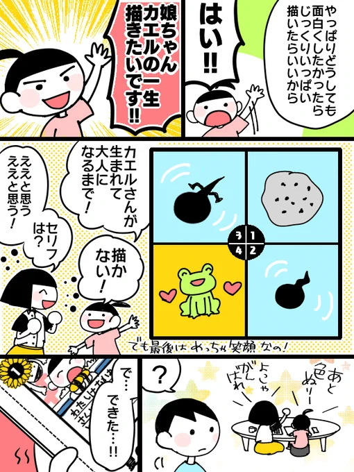 夏休みの宿題漫画(3/3)
娘が絵日記と4コマ漫画の宿題でつまづいていたので手助けしながら頑張った話です。

子供だからこういう宿題は好きだろうなどと安易に思わず、苦手な子にも楽しめるようにしていってあげたいな…と思った次第です。 