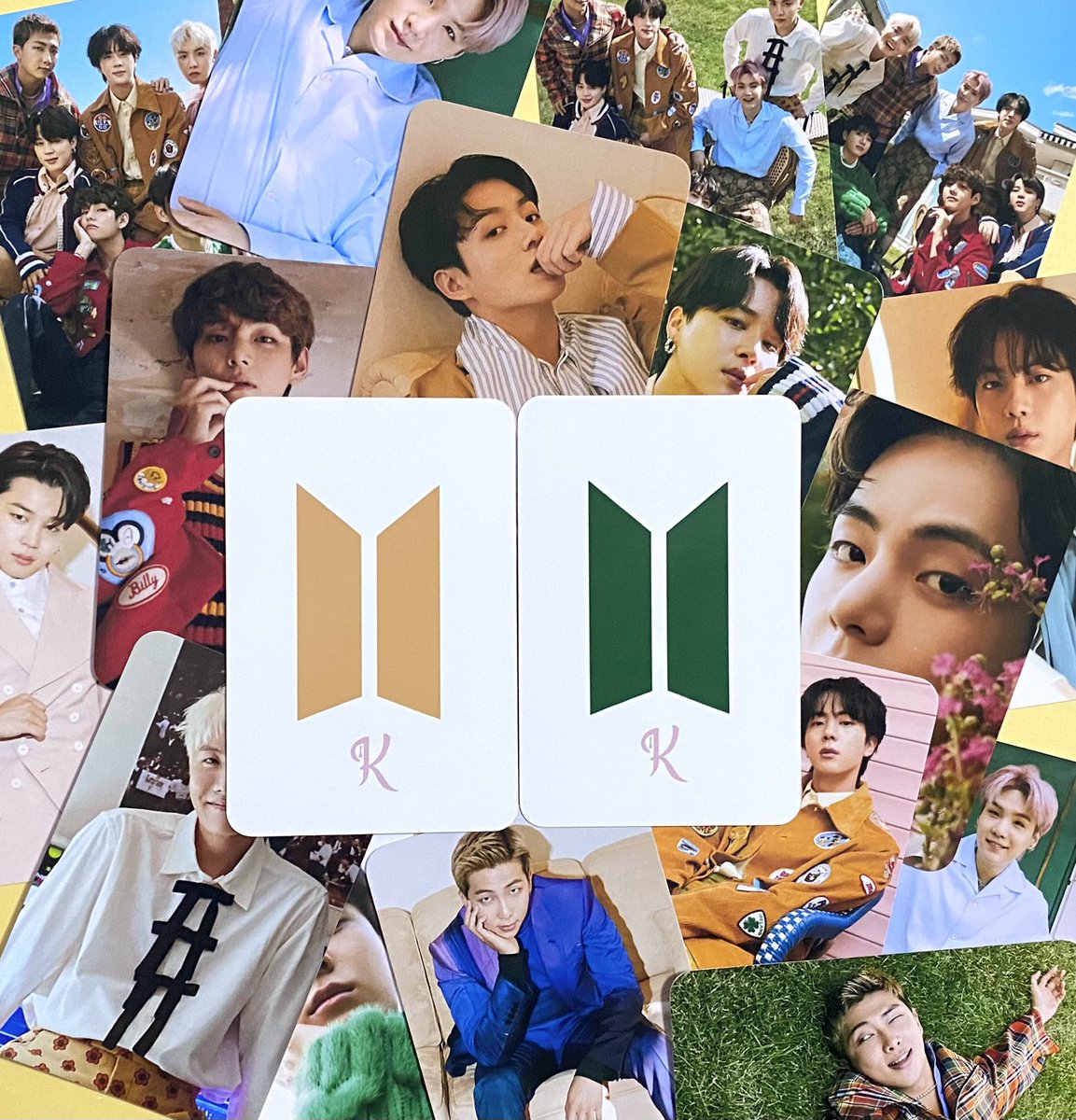 HouseOfKD's tweet photo. #BTS BB sets are posted!! Two sets! Simple backings that match the color theme of the photos! 

💚Set A (9pc)
💛Set B (9pc)
https://t.co/wZBXyhzdia

~Laminated or Not Laminated 
~pick set or individual member/group
#BTSARMY #BTSpc #btsphotocard https://t.co/6Sk83BKI4d