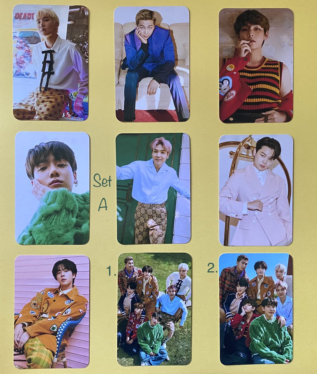 HouseOfKD's tweet photo. #BTS BB sets are posted!! Two sets! Simple backings that match the color theme of the photos! 

💚Set A (9pc)
💛Set B (9pc)
https://t.co/wZBXyhzdia

~Laminated or Not Laminated 
~pick set or individual member/group
#BTSARMY #BTSpc #btsphotocard https://t.co/6Sk83BKI4d