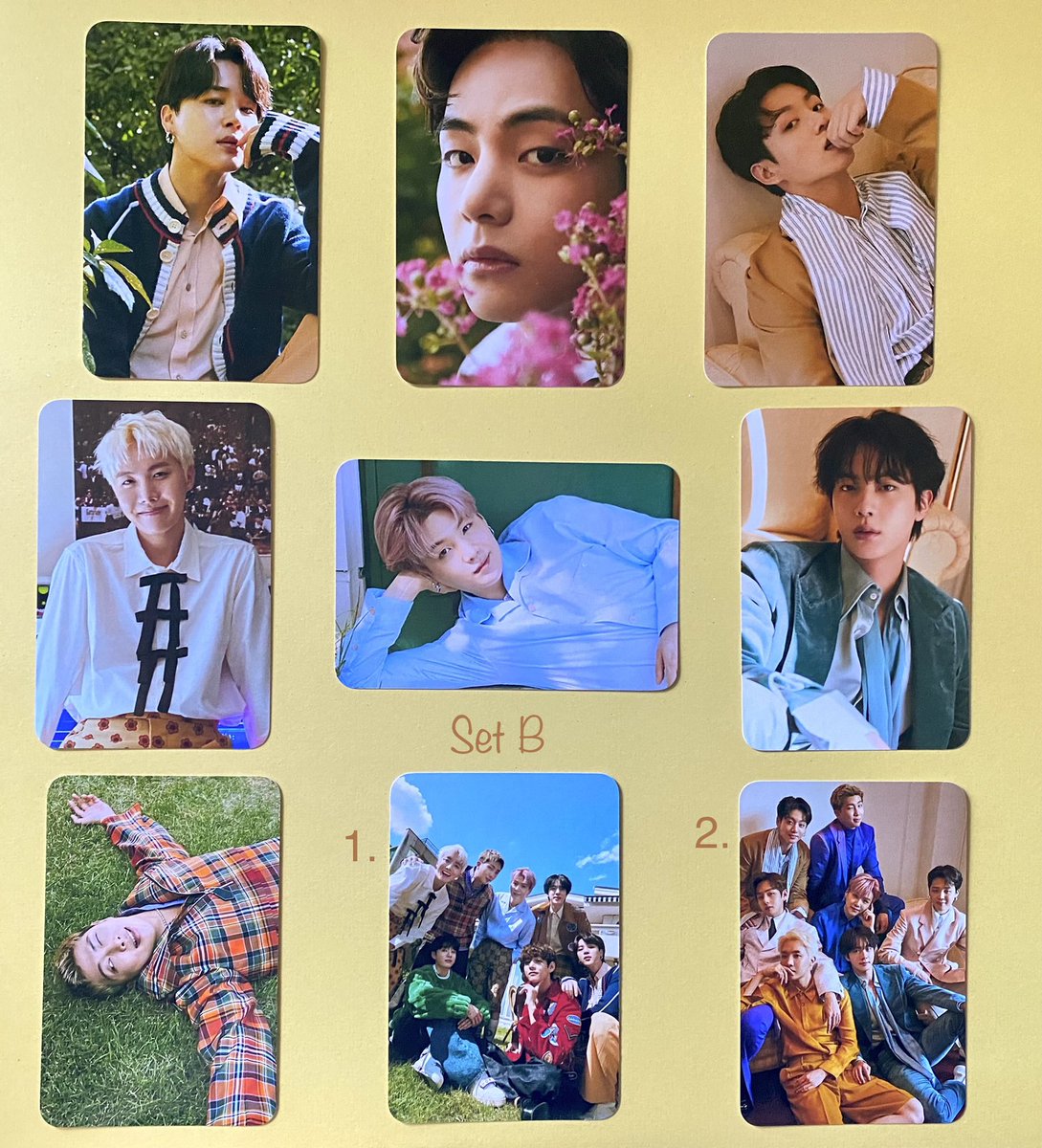 HouseOfKD's tweet photo. #BTS BB sets are posted!! Two sets! Simple backings that match the color theme of the photos! 

💚Set A (9pc)
💛Set B (9pc)
https://t.co/wZBXyhzdia

~Laminated or Not Laminated 
~pick set or individual member/group
#BTSARMY #BTSpc #btsphotocard https://t.co/6Sk83BKI4d