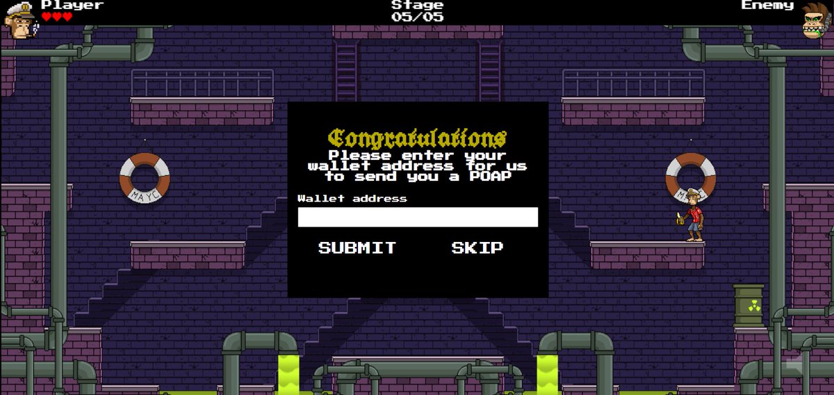 stilgar_eth's tweet photo. 3 hearts left in the arcade game! found a glitch, accidentally, if you kill the ape as it lands on you, you make it to the next round with extra hearts. #mayc #bayc https://t.co/S6OFEor2BN
