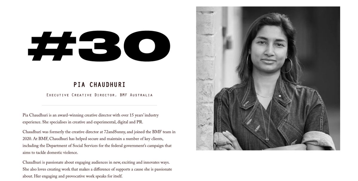 BMF (@bmfaustralia) on Twitter photo BMF ECD <a href="/PiaChaudhuri/">Pia Chaudhuri</a> #30 in 2021 B&T Women in Media Power List! Congratulations!
bandt.com.au/bts-women-in-m⊠BMF ECD <a href="/PiaChaudhuri/">Pia Chaudhuri</a> #30 in 2021 B&T Women in Media Power List! Congratulations!
bandt.com.au/bts-women-in-mâŠ