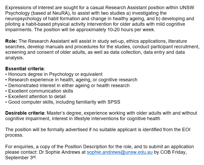 Dr Sophie Andrews (@sophandrews) on Twitter photo I'm searching for a casual Research Assistant to work with me, based <a href="/UNSWScience/">UNSW Science</a> and <a href="/neuraustralia/">NeuRA (Neuroscience Research Australia)</a>, focused on the neuropsychology of habits in ageing. Come work with me! Please share I'm searching for a casual Research Assistant to work with me, based <a href="/UNSWScience/">UNSW Science</a> and <a href="/neuraustralia/">NeuRA (Neuroscience Research Australia)</a>, focused on the neuropsychology of habits in ageing. Come work with me! Please share